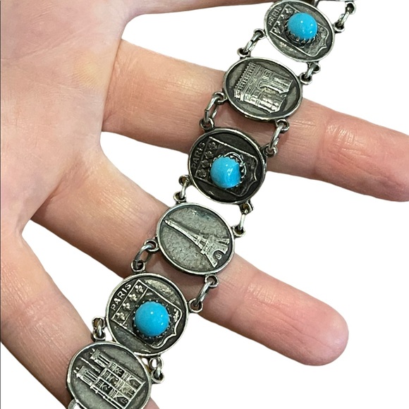 Vintage silver finish torquois Eiffel Tower Paris Tour Travel bracelet Cathedral - Picture 2 of 8